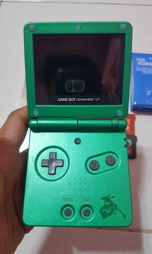 Rayquaza Pokemon GBA SP Console Refurbished Nintendo GameBoy Game Boy Advance Green Original AGS-001 Front-Lit Screen.