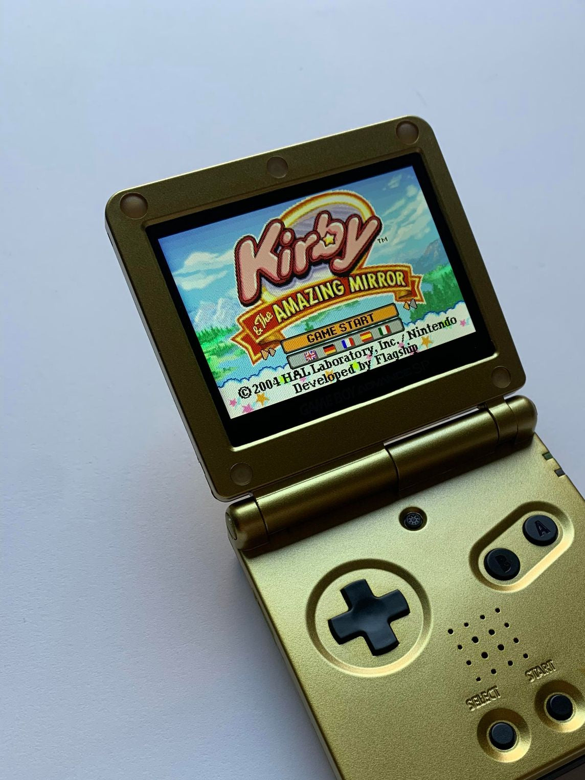 Zelda Majoras Mask Gold GBA SP Console Refurbished Nintendo Game Boy GameBoy Advance SP Brighter Backlit IPS v2 x10 Level Screen, 900mAh Battery, Boxed & Charger.