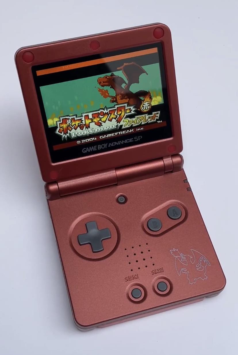 Charizard Pokemon Nintendo GBA SP Console Refurbished Game Boy GameBoy Advance SP Red Brighter Backlit IPS v2 x10 Level Screen.