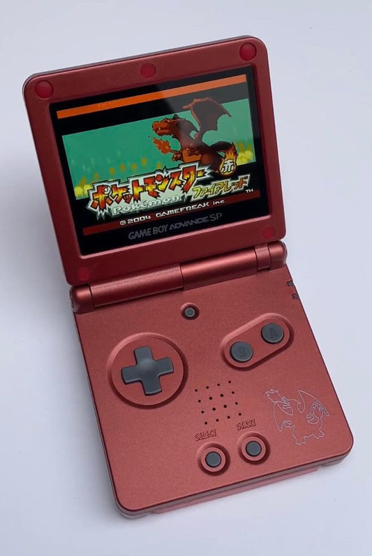 Charizard Pokemon Nintendo GBA SP Console Refurbished Game Boy GameBoy Advance SP Red Brighter Backlit IPS v2 x10 Level Screen.