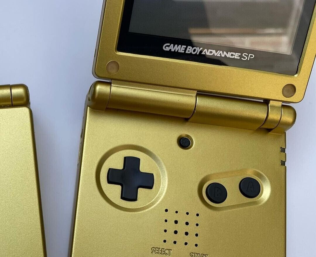 Zelda Gold Majoras Mask GBA SP Console Refurbished Nintendo GameBoy Game Boy Advance SP Original Front-Lit AGS-001 Screen, Larger 900mAh Battery, Boxed & Charger.