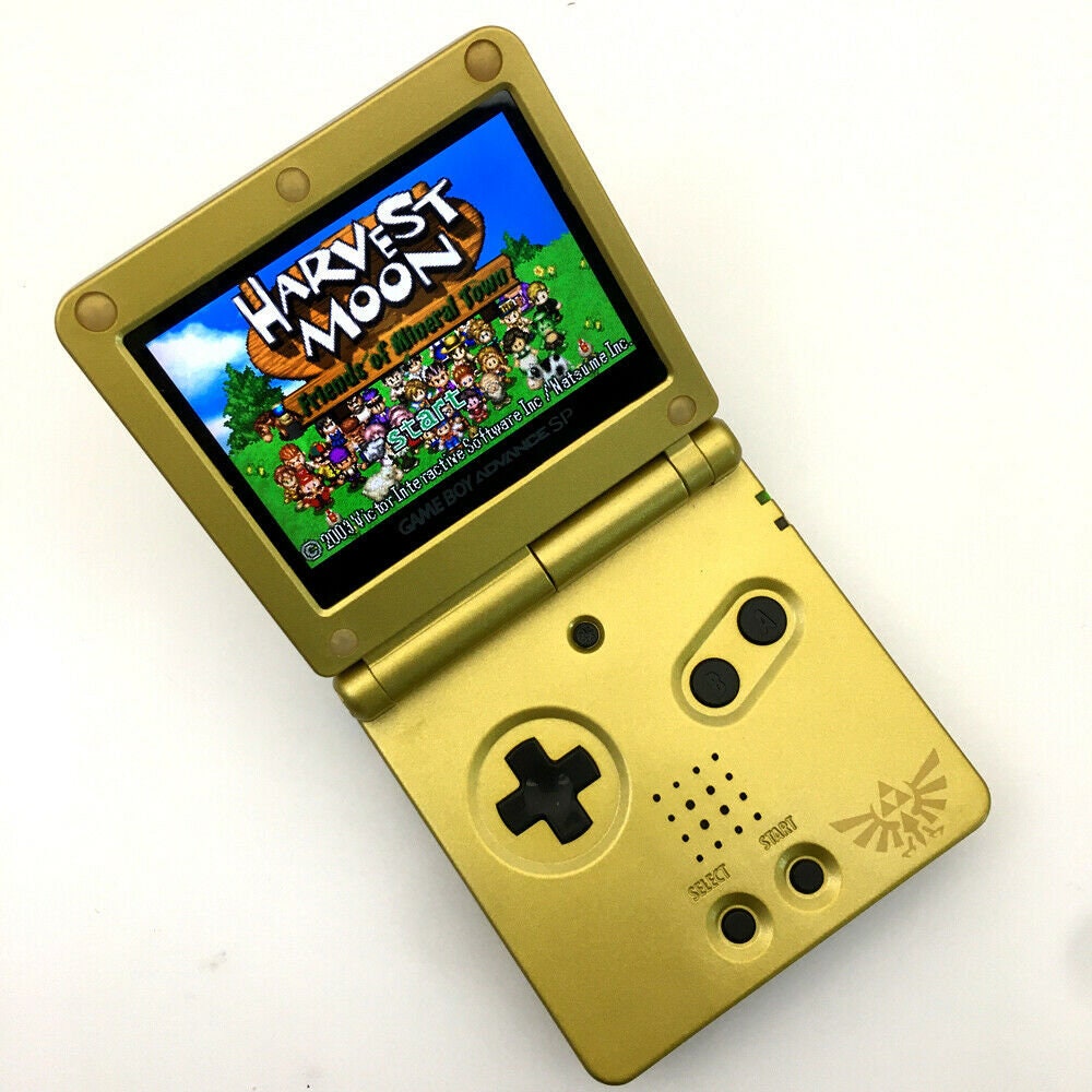 Zelda Gold Triforce GBA SP Console Refurbished Nintendo Game Boy GameBoy Advance SP Brighter Backlit IPS v2 x10 Level Screen.
