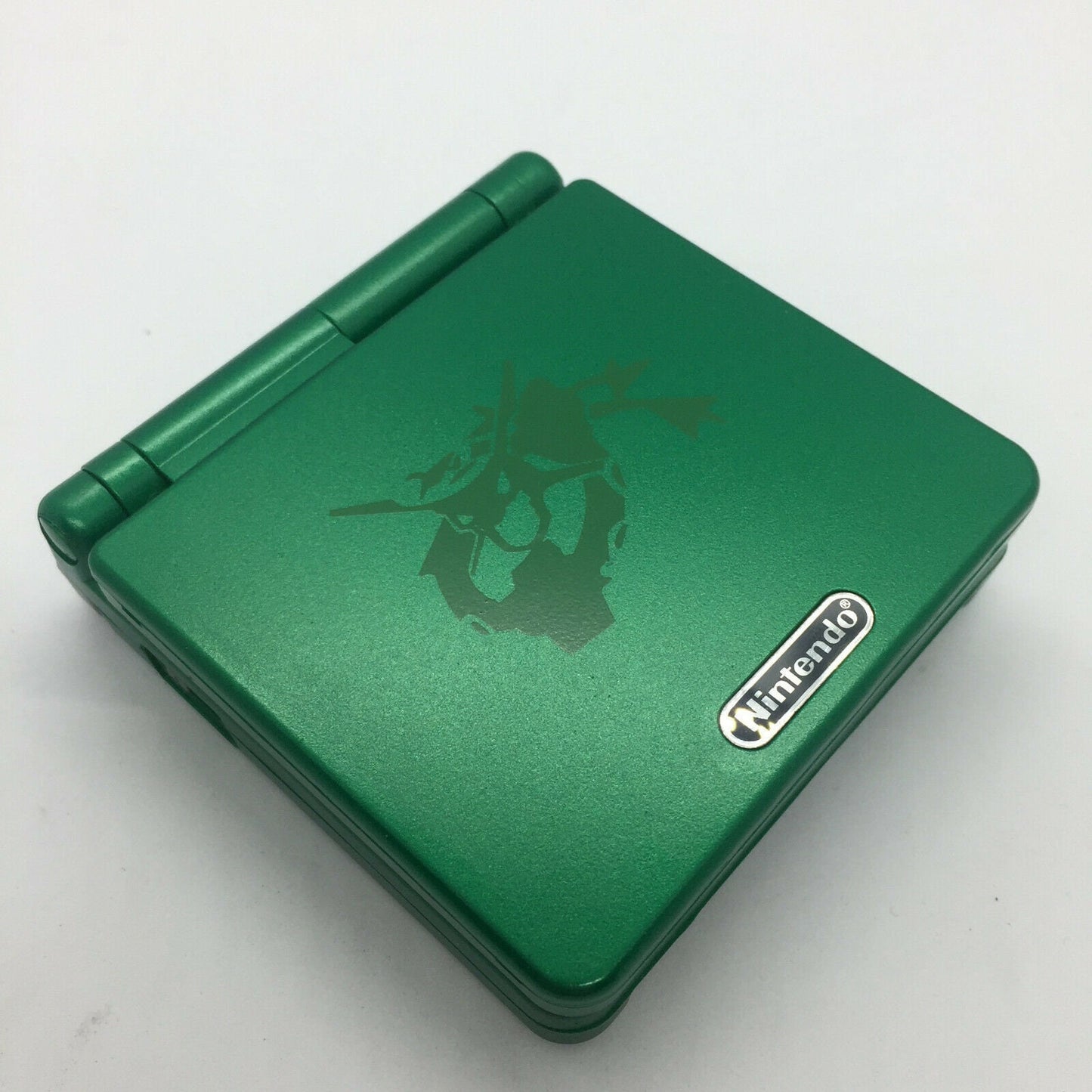 Rayquaza Pokemon Nintendo GBA SP Console Refurbished Game Boy GameBoy Advance SP Green Brighter Backlit IPS v2 x10 Level Screen, 900mAh Battery, Boxed & Charger.
