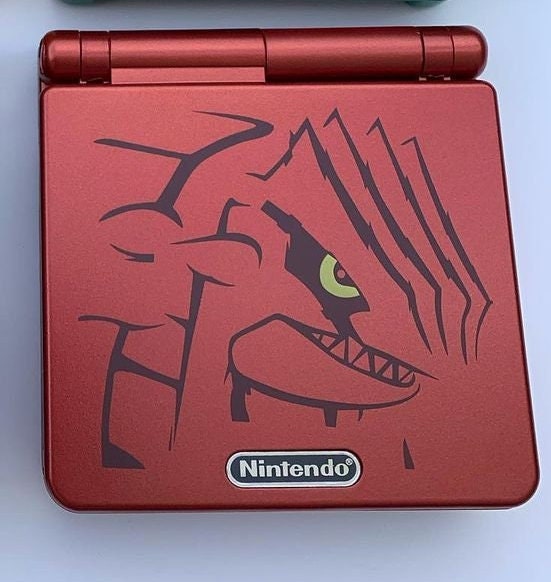 Groudon Pokemon GBA SP Console Refurbished Nintendo Game Boy GameBoy Advance SP Red Brighter Backlit IPS v2 x10 Level Screen, 900mAh Battery, Boxed & Charger.