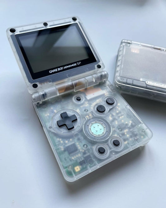 Clear GBA SP Console Refurbished Nintendo GameBoy Game Boy Advance SP Original Front-Lit AGS-001 Screen, Larger 900mAh Battery, Boxed & Charger.
