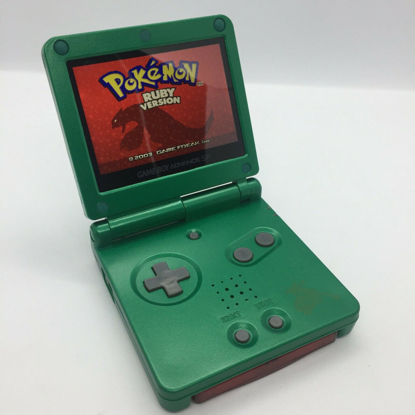 Rayquaza Pokemon Nintendo GBA SP Console Refurbished Game Boy GameBoy Advance SP Green Brighter Backlit IPS v2 x10 Level Screen, 900mAh Battery, Boxed & Charger.