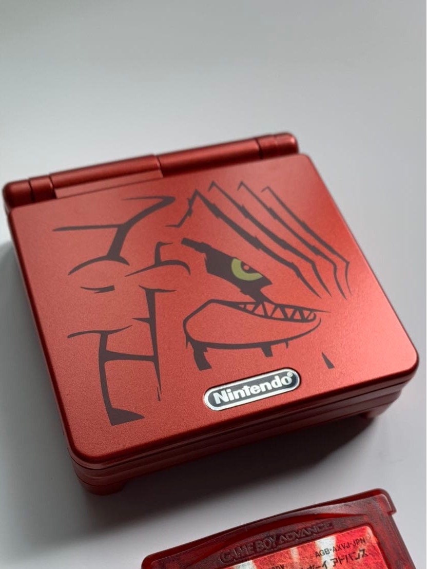 Groudon Pokemon GBA SP Console Refurbished Nintendo Game Boy GameBoy Advance SP Red Brighter Backlit IPS v2 x10 Level Screen, 900mAh Battery, Boxed & Charger.