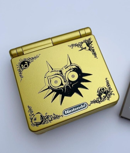 Zelda Majoras Mask Gold GBA SP Console Refurbished Nintendo Game Boy GameBoy Advance SP Brighter Backlit IPS v2 x10 Level Screen, 900mAh Battery, Boxed & Charger.